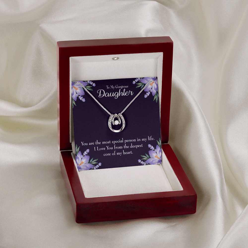 To my Gorgeous Daughter Lucky Horseshoe Necklace Message Card 14k w CZ Crystals-Express Your Love Gifts