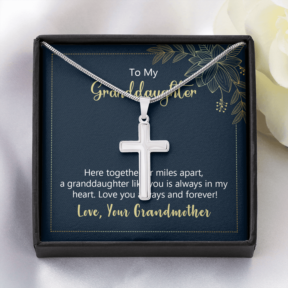 To My Granddaughter Here Together or Miles Apart Cross Card Necklace w Stainless Steel Pendant-Express Your Love Gifts