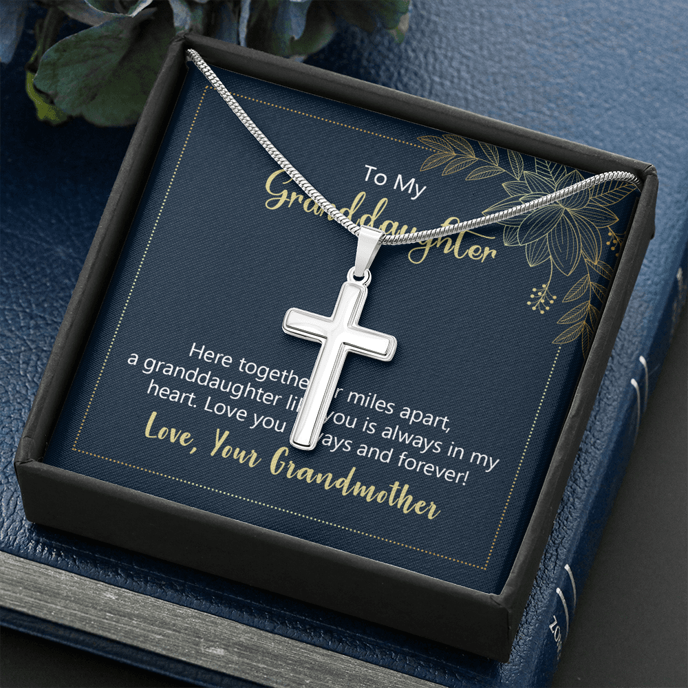 To My Granddaughter Here Together or Miles Apart Cross Card Necklace w Stainless Steel Pendant-Express Your Love Gifts