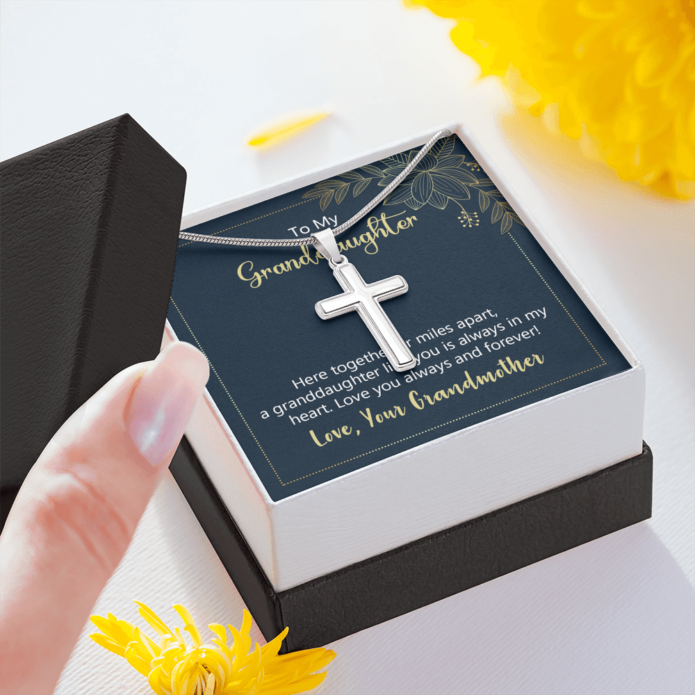 To My Granddaughter Here Together or Miles Apart Cross Card Necklace w Stainless Steel Pendant-Express Your Love Gifts
