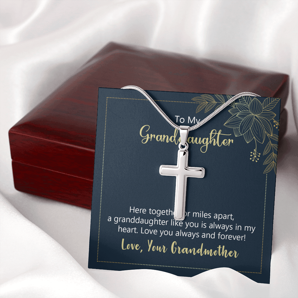 To My Granddaughter Here Together or Miles Apart Cross Card Necklace w Stainless Steel Pendant-Express Your Love Gifts