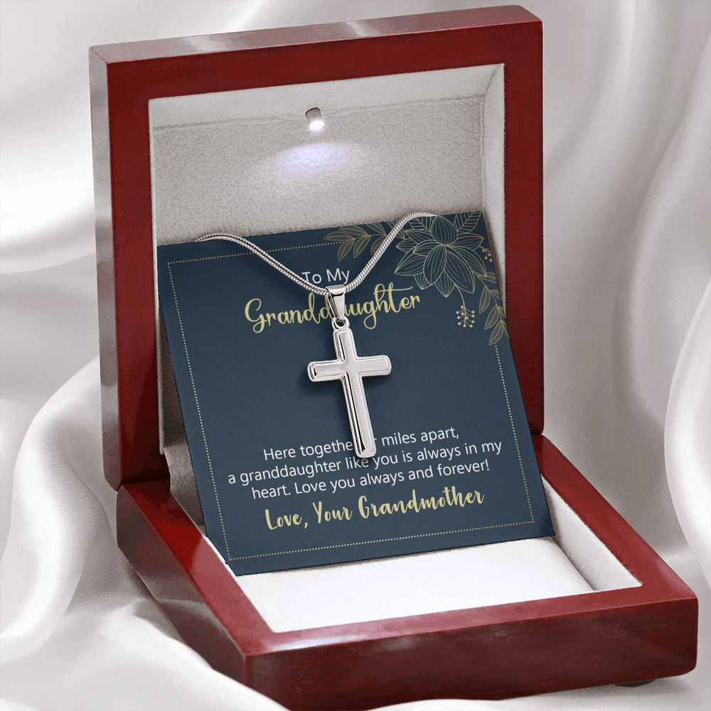 To My Granddaughter Here Together or Miles Apart Cross Card Necklace w Stainless Steel Pendant-Express Your Love Gifts