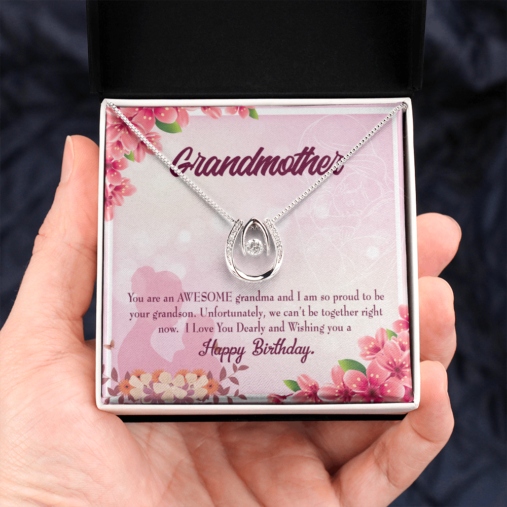 To My Grandma Awesome Grandma Pink Lucky Horseshoe Necklace Message Card 14k w CZ Crystals-Express Your Love Gifts