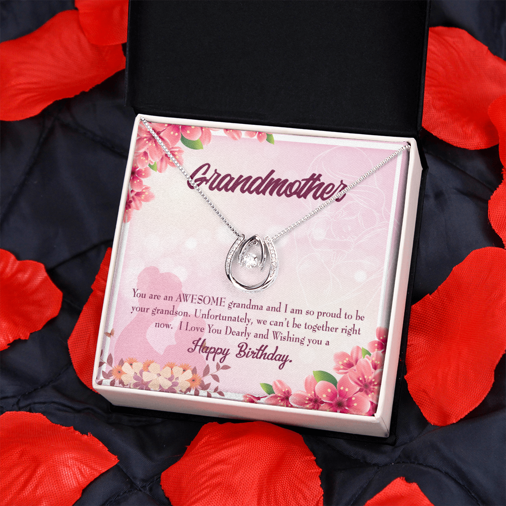 To My Grandma Awesome Grandma Pink Lucky Horseshoe Necklace Message Card 14k w CZ Crystals-Express Your Love Gifts
