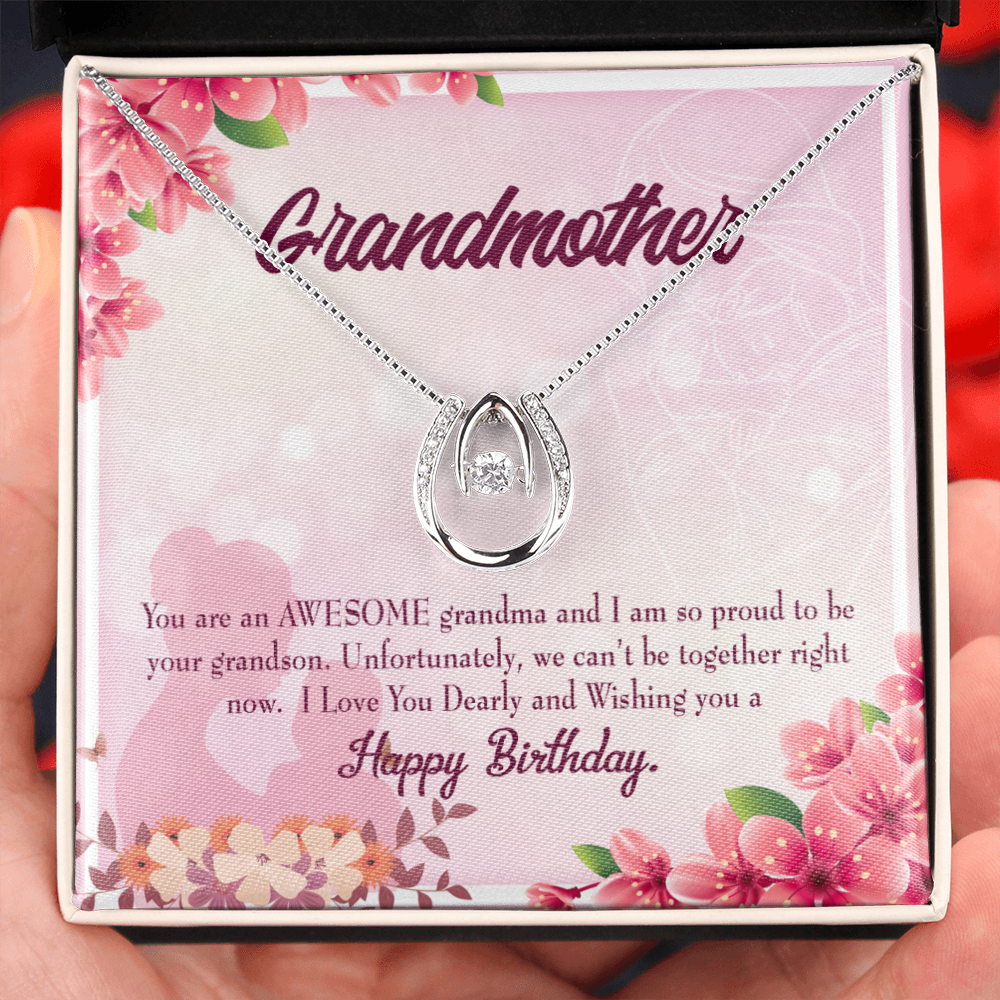 To My Grandma Awesome Grandma Pink Lucky Horseshoe Necklace Message Card 14k w CZ Crystals-Express Your Love Gifts