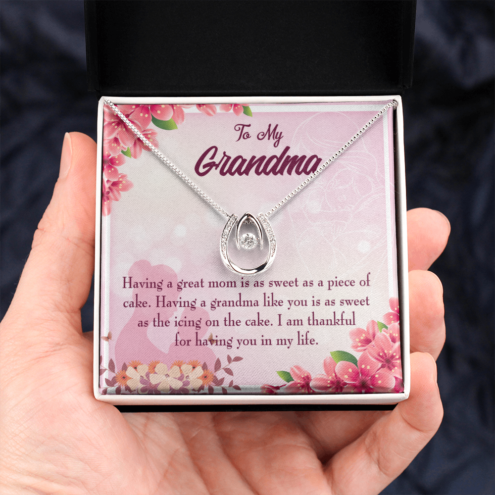 To My Grandma Icing on the Cake Lucky Horseshoe Necklace Message Card 14k w CZ Crystals-Express Your Love Gifts