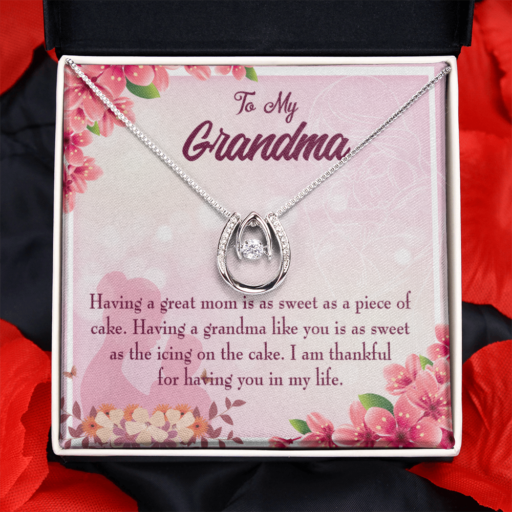To My Grandma Icing on the Cake Lucky Horseshoe Necklace Message Card 14k w CZ Crystals-Express Your Love Gifts