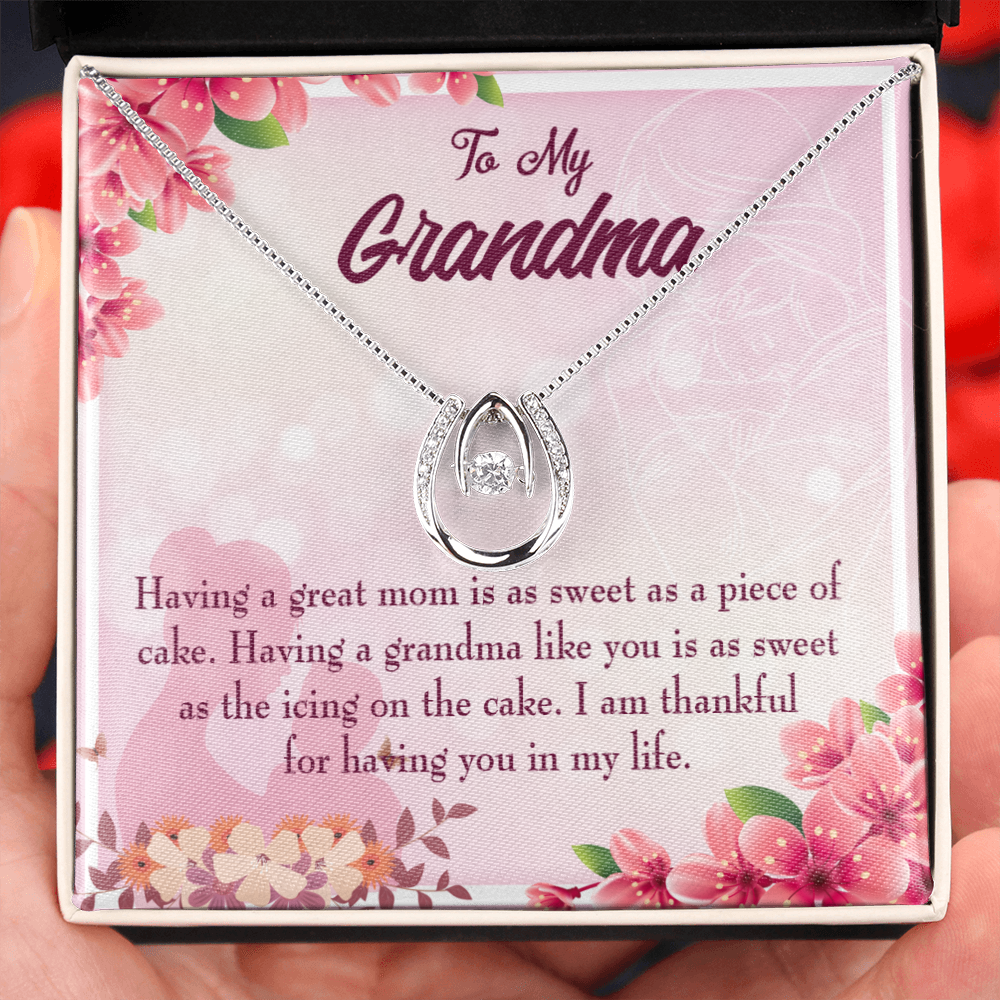 To My Grandma Icing on the Cake Lucky Horseshoe Necklace Message Card 14k w CZ Crystals-Express Your Love Gifts