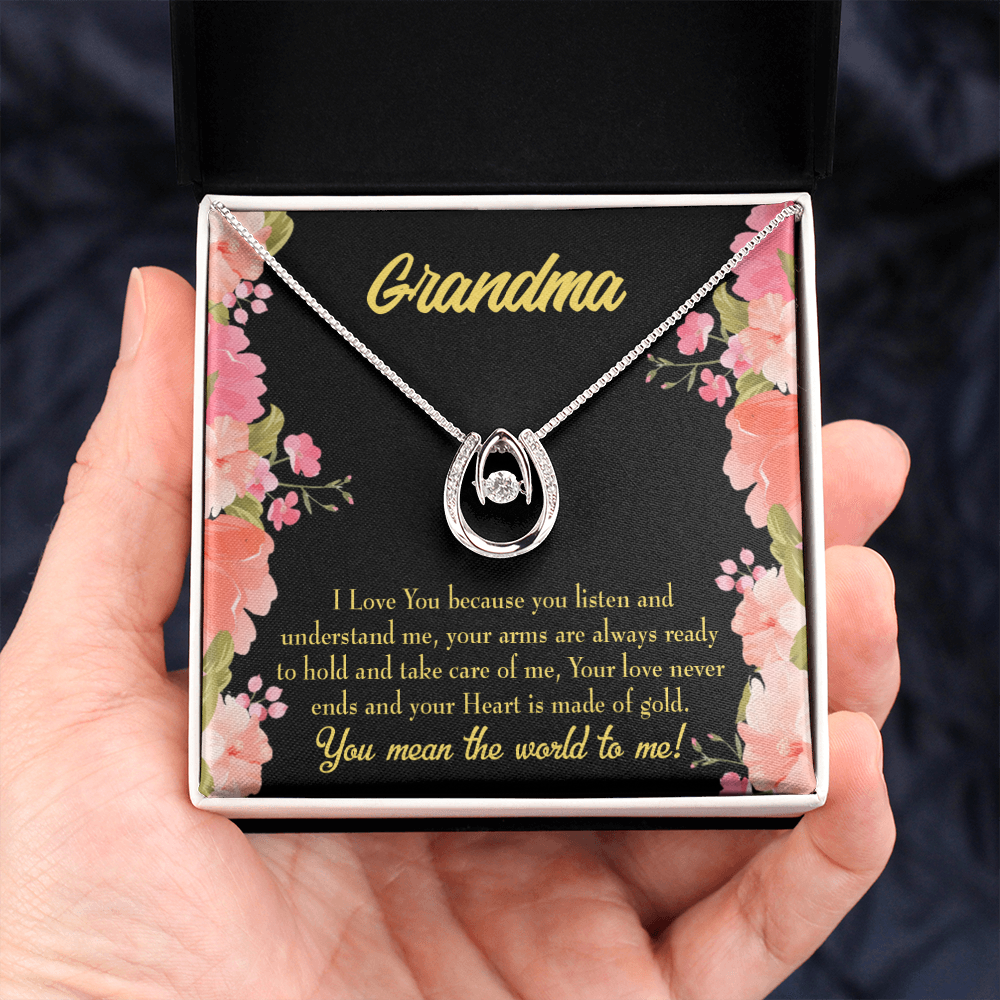 To My Grandma World Lucky Horseshoe Necklace Message Card 14k w CZ Crystals-Express Your Love Gifts