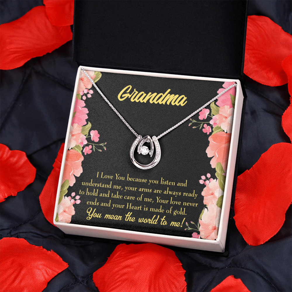 To My Grandma World Lucky Horseshoe Necklace Message Card 14k w CZ Crystals-Express Your Love Gifts