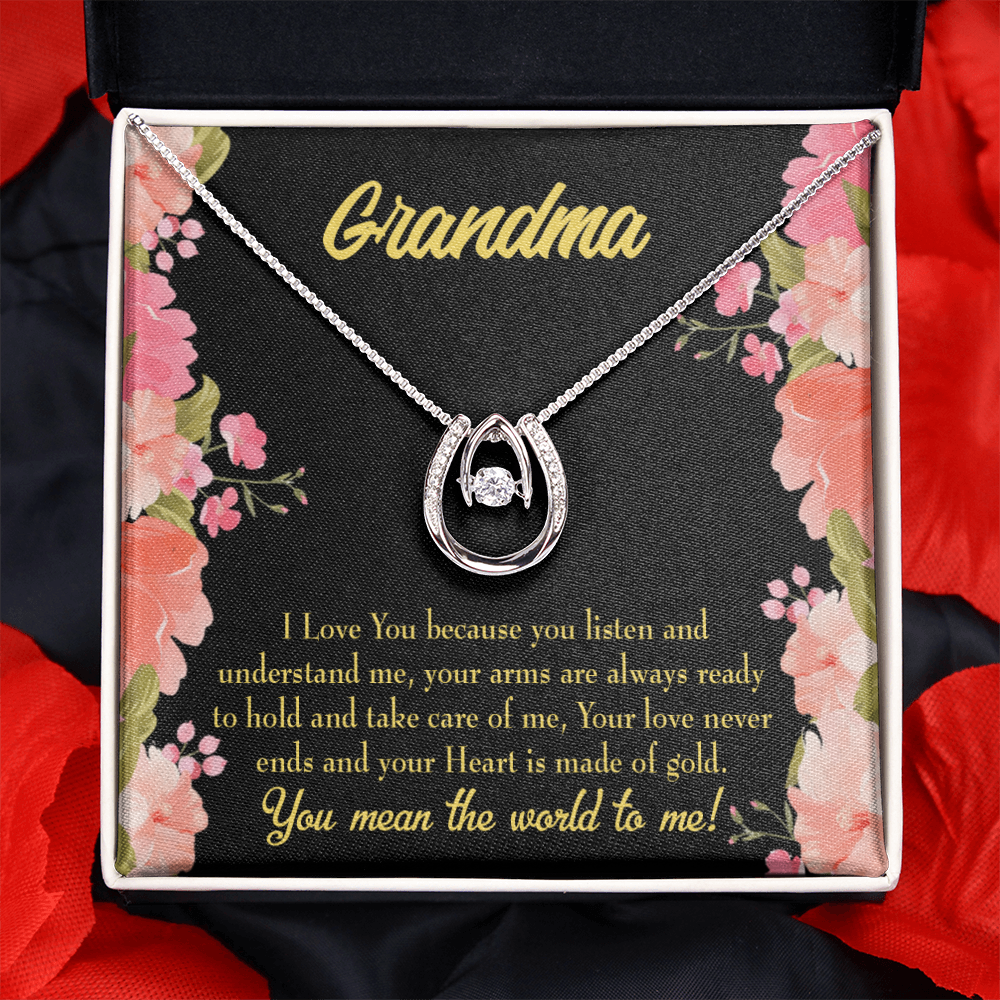 To My Grandma World Lucky Horseshoe Necklace Message Card 14k w CZ Crystals-Express Your Love Gifts