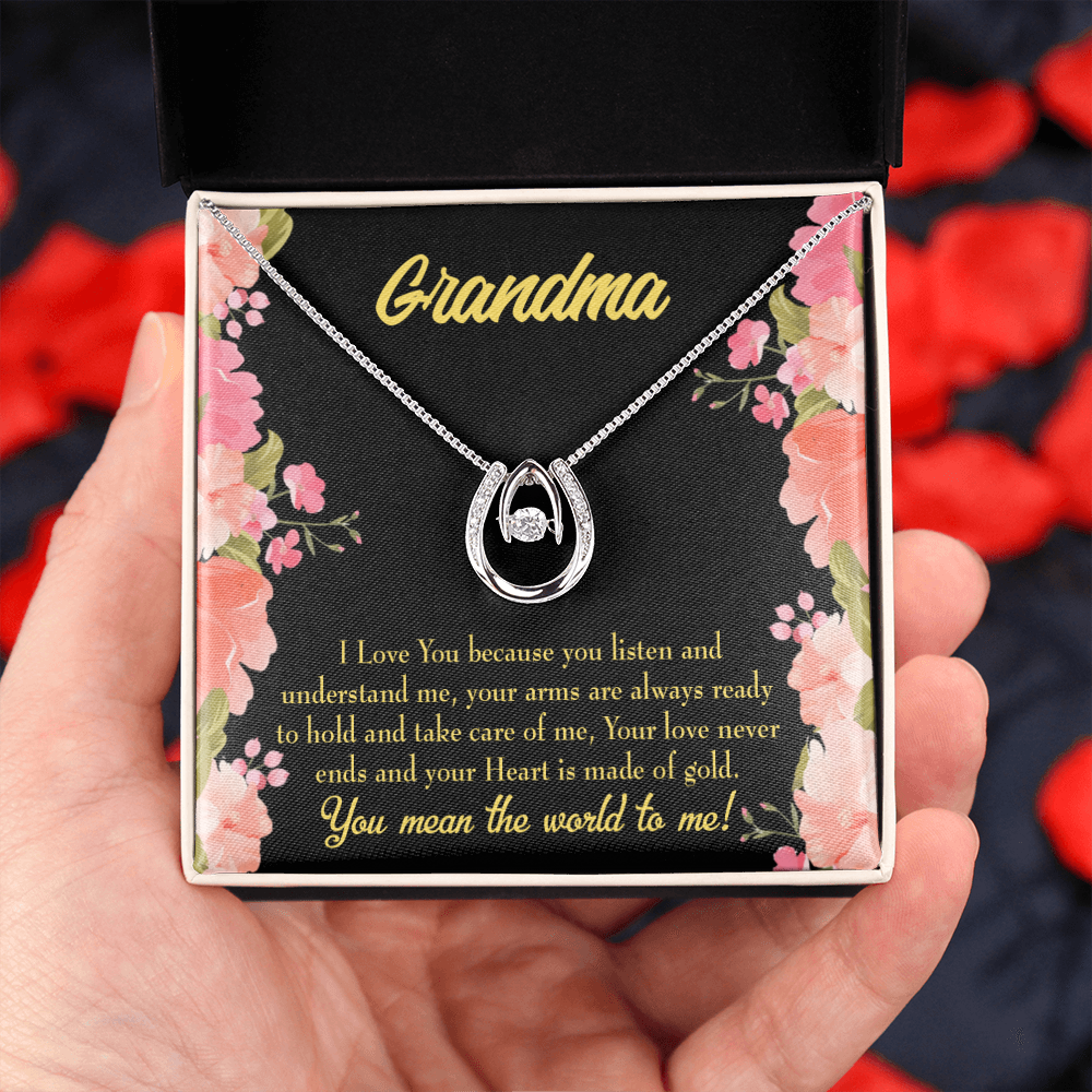 To My Grandma World Lucky Horseshoe Necklace Message Card 14k w CZ Crystals-Express Your Love Gifts
