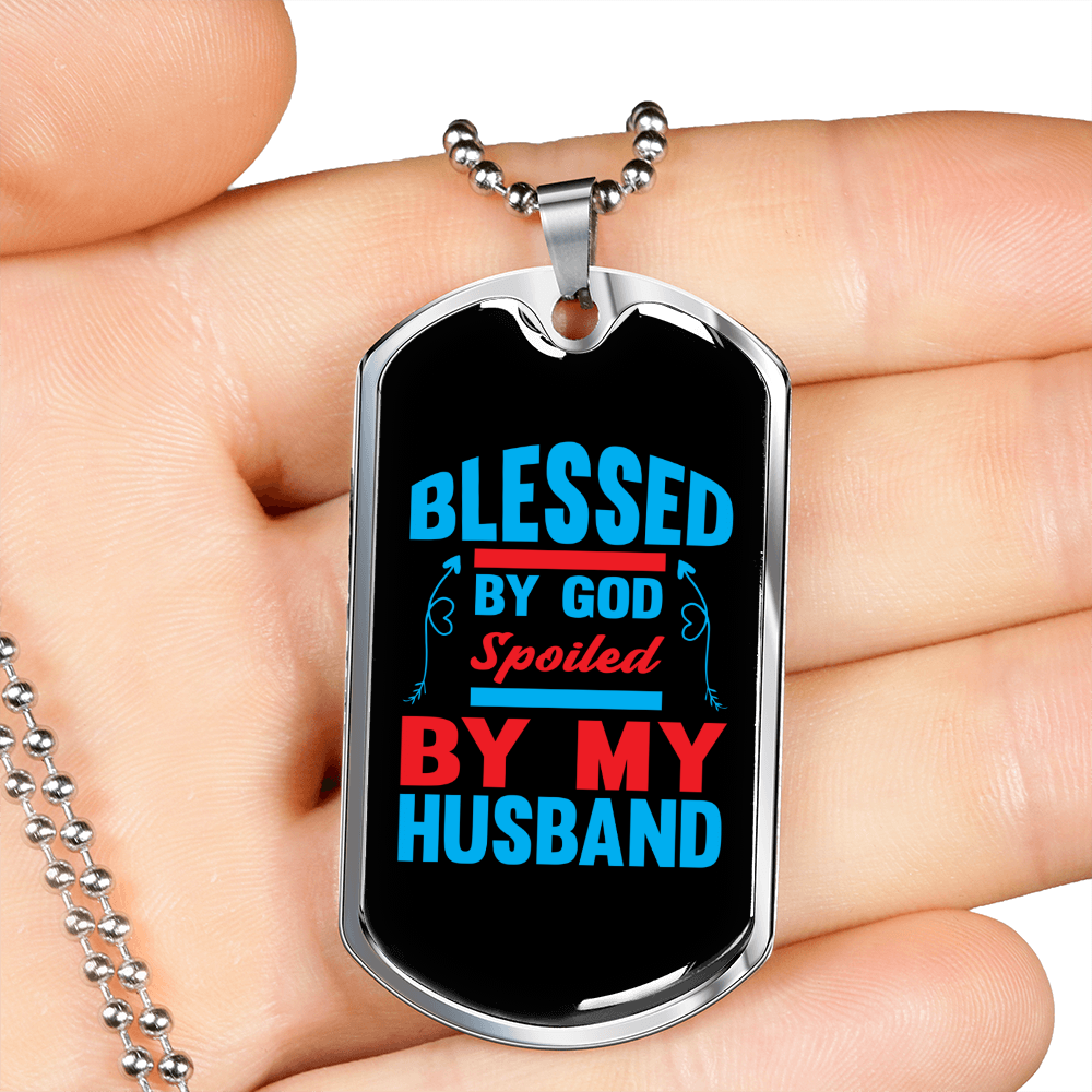 To My Husband Blessed By God Blue Necklace Stainless Steel or 18k Gold Dog Tag 24" Chain-Express Your Love Gifts