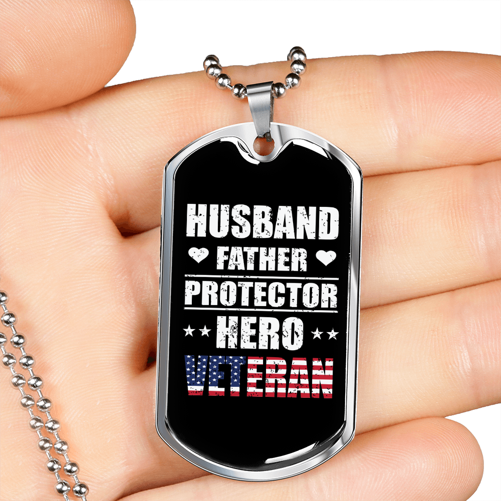 To My Husband Veteran Hero Husband Necklace Stainless Steel or 18k Gold Dog Tag 24" Chain-Express Your Love Gifts