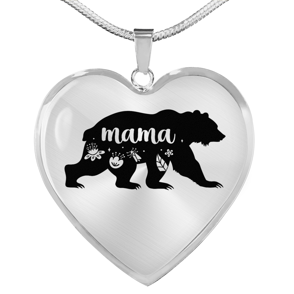 To My Mom Mama Bear Necklace Stainless Steel or 18k Gold Heart 18-22"-Express Your Love Gifts