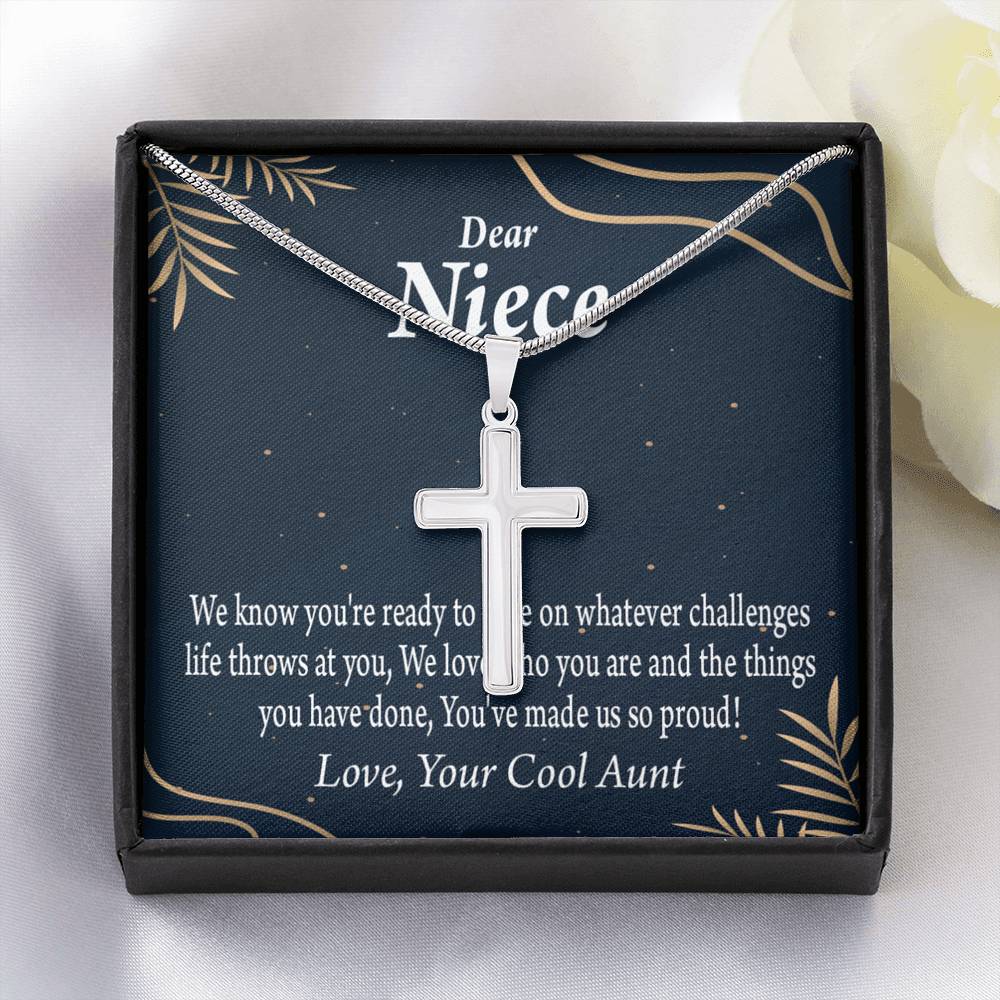 To My Niece You Make Us Proud Cross Card Necklace w Stainless Steel Pendant-Express Your Love Gifts