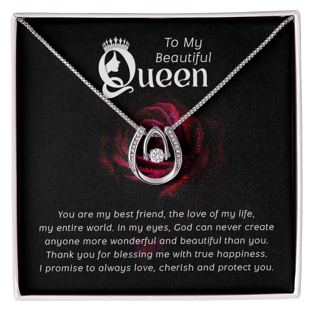 To My Queen Lucky Horseshoe Necklace Message Card 14k w CZ Crystals-Express Your Love Gifts