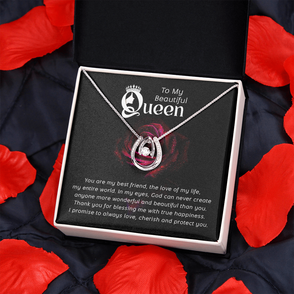 To My Queen Lucky Horseshoe Necklace Message Card 14k w CZ Crystals-Express Your Love Gifts