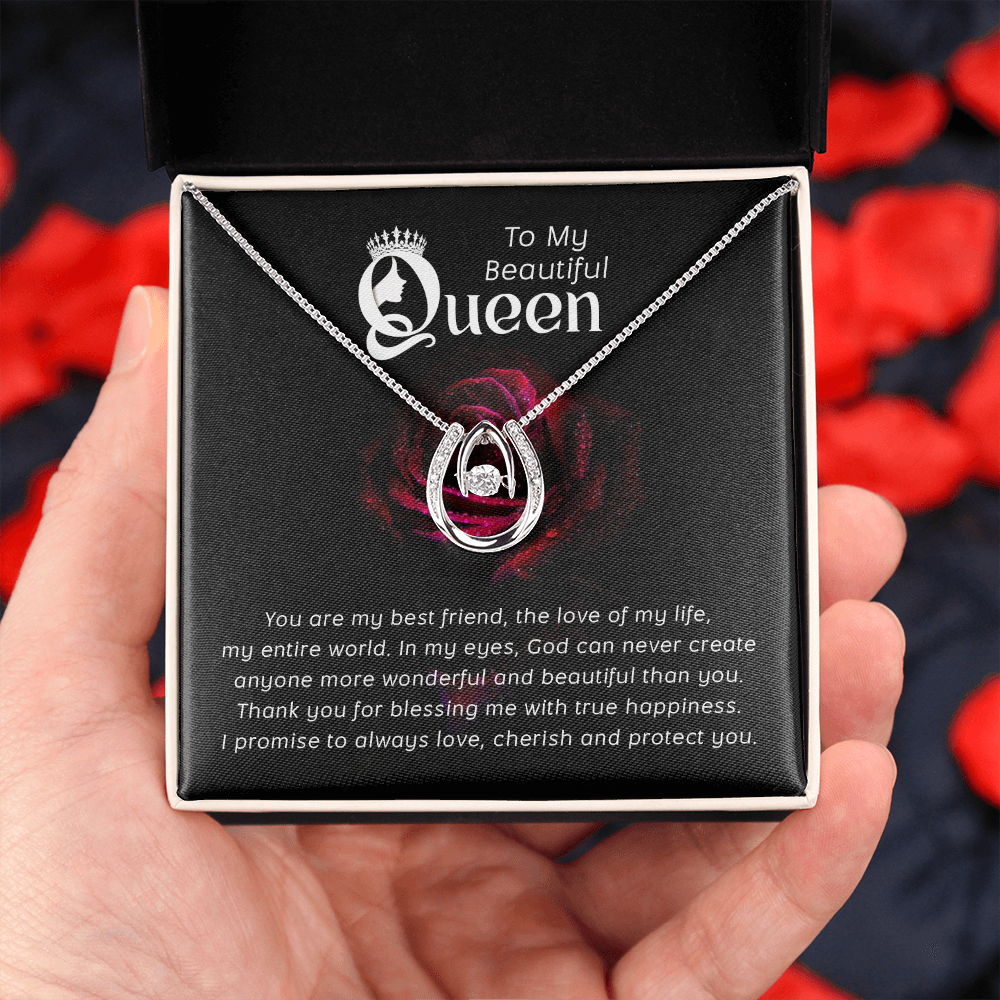 To My Queen Lucky Horseshoe Necklace Message Card 14k w CZ Crystals-Express Your Love Gifts