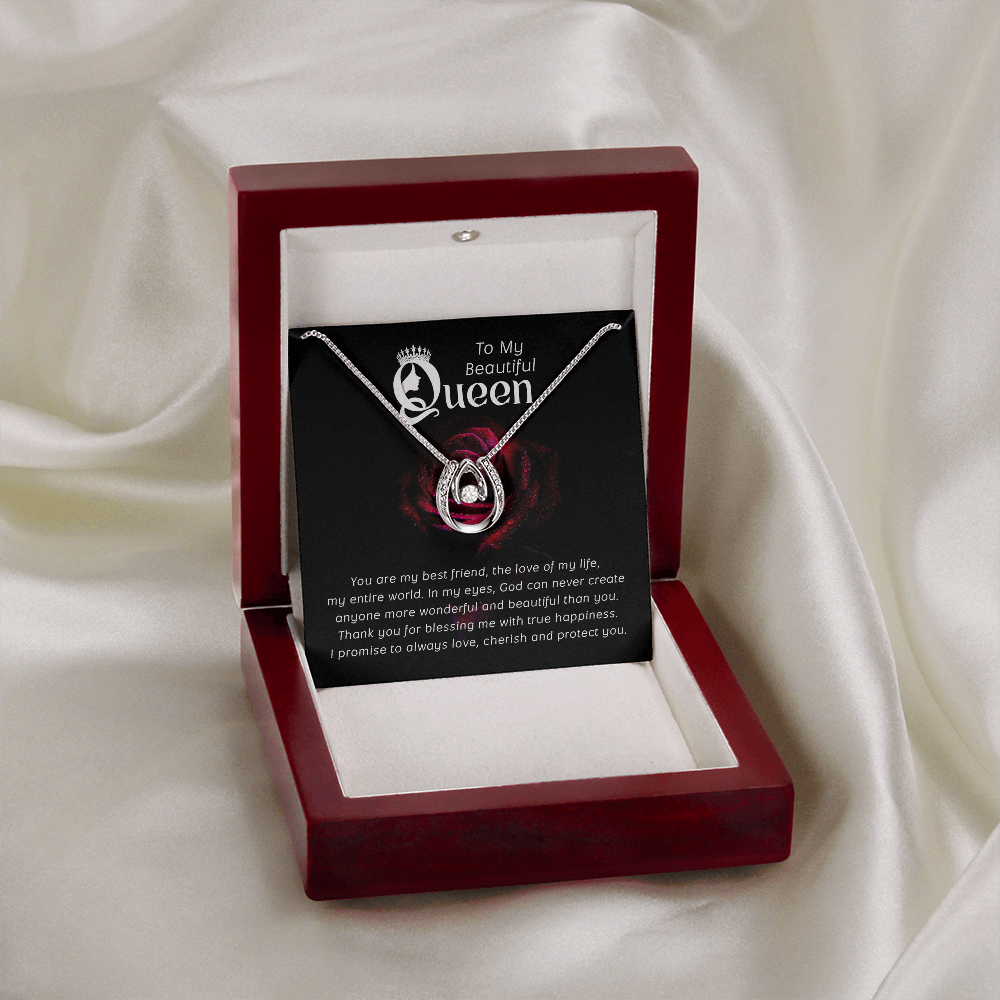 To My Queen Lucky Horseshoe Necklace Message Card 14k w CZ Crystals-Express Your Love Gifts