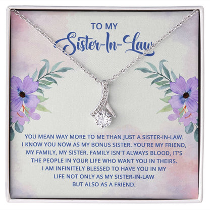 To My Sister-In-Law I Know You Now as My Bonus Sister Alluring Ribbon Necklace Message Card-Express Your Love Gifts