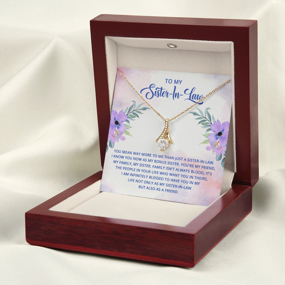 To My Sister-In-Law I Know You Now as My Bonus Sister Alluring Ribbon Necklace Message Card-Express Your Love Gifts