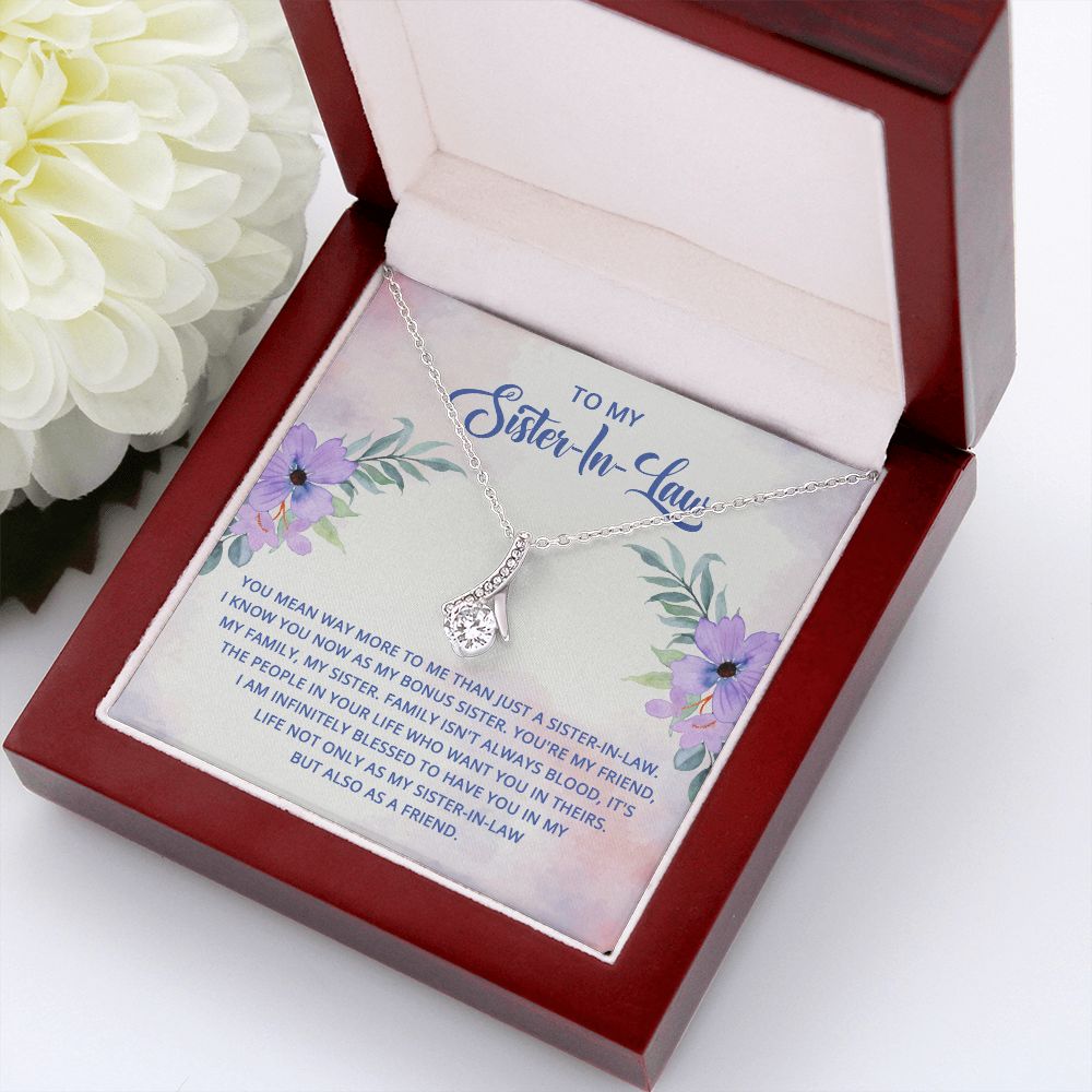 To My Sister-In-Law I Know You Now as My Bonus Sister Alluring Ribbon Necklace Message Card-Express Your Love Gifts