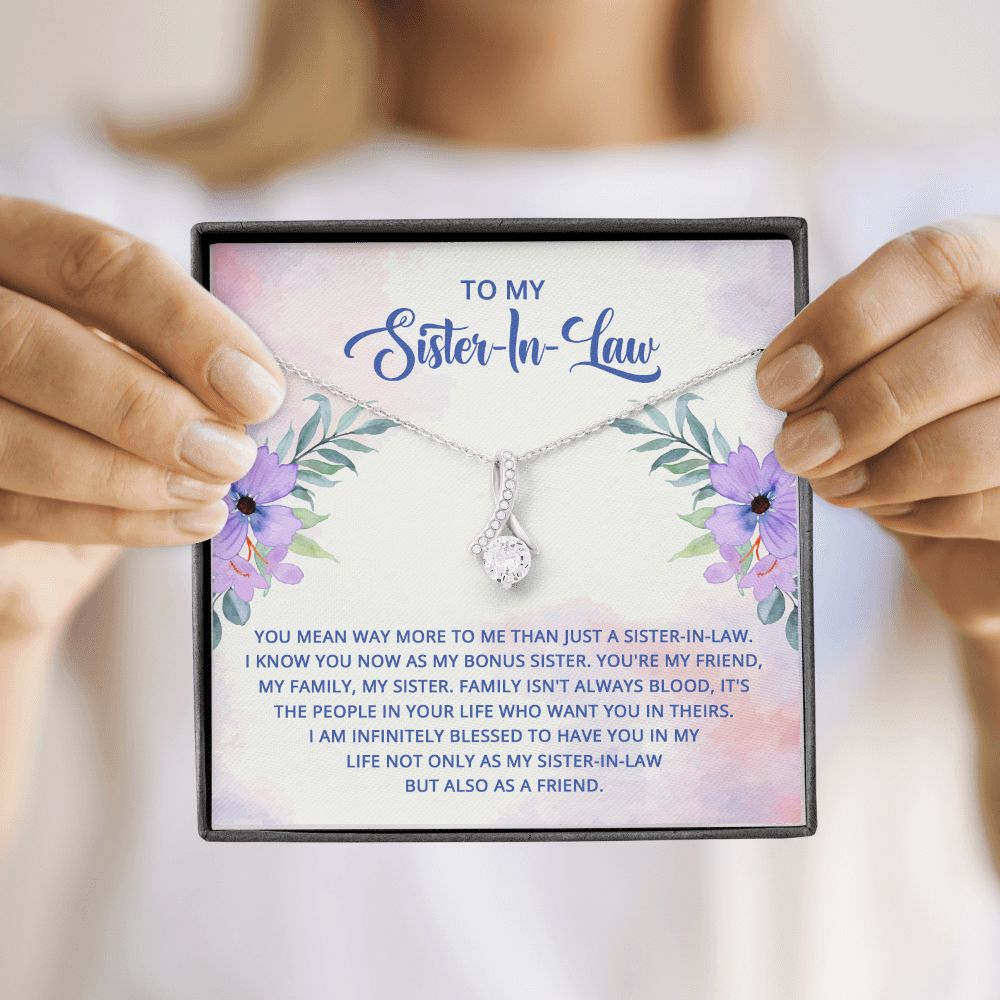 To My Sister-In-Law I Know You Now as My Bonus Sister Alluring Ribbon Necklace Message Card-Express Your Love Gifts