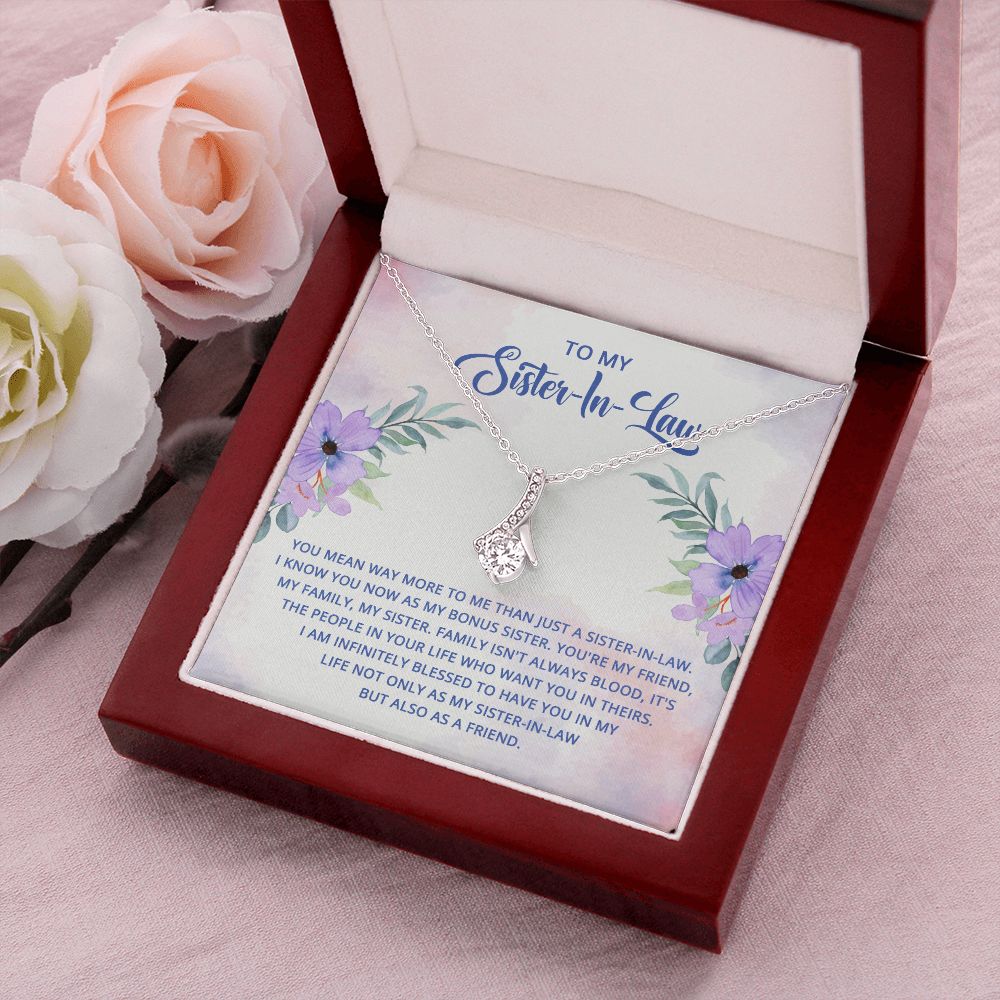 To My Sister-In-Law I Know You Now as My Bonus Sister Alluring Ribbon Necklace Message Card-Express Your Love Gifts