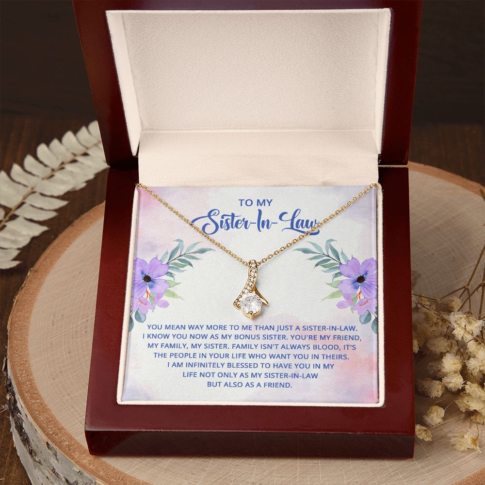 To My Sister-In-Law I Know You Now as My Bonus Sister Alluring Ribbon Necklace Message Card-Express Your Love Gifts