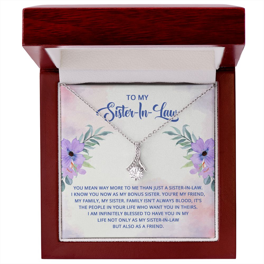 To My Sister-In-Law I Know You Now as My Bonus Sister Alluring Ribbon Necklace Message Card-Express Your Love Gifts