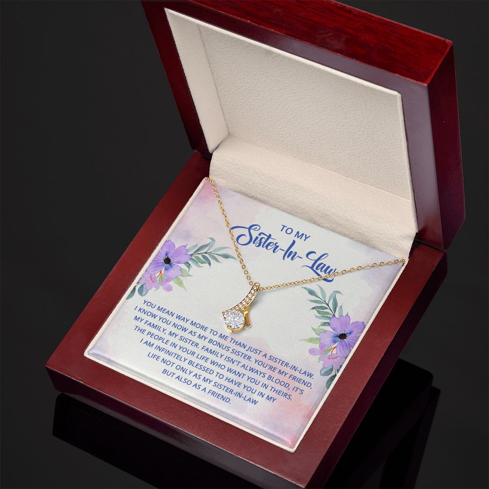 To My Sister-In-Law I Know You Now as My Bonus Sister Alluring Ribbon Necklace Message Card-Express Your Love Gifts