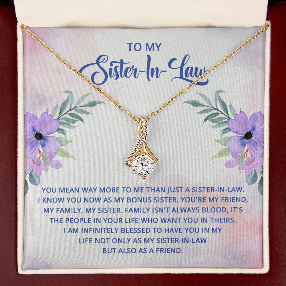 To My Sister-In-Law I Know You Now as My Bonus Sister Alluring Ribbon Necklace Message Card-Express Your Love Gifts