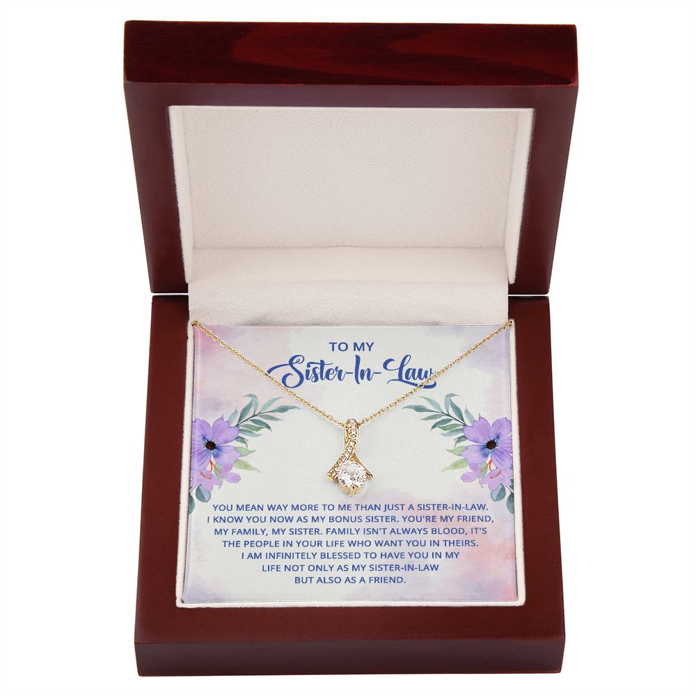 To My Sister-In-Law I Know You Now as My Bonus Sister Alluring Ribbon Necklace Message Card-Express Your Love Gifts