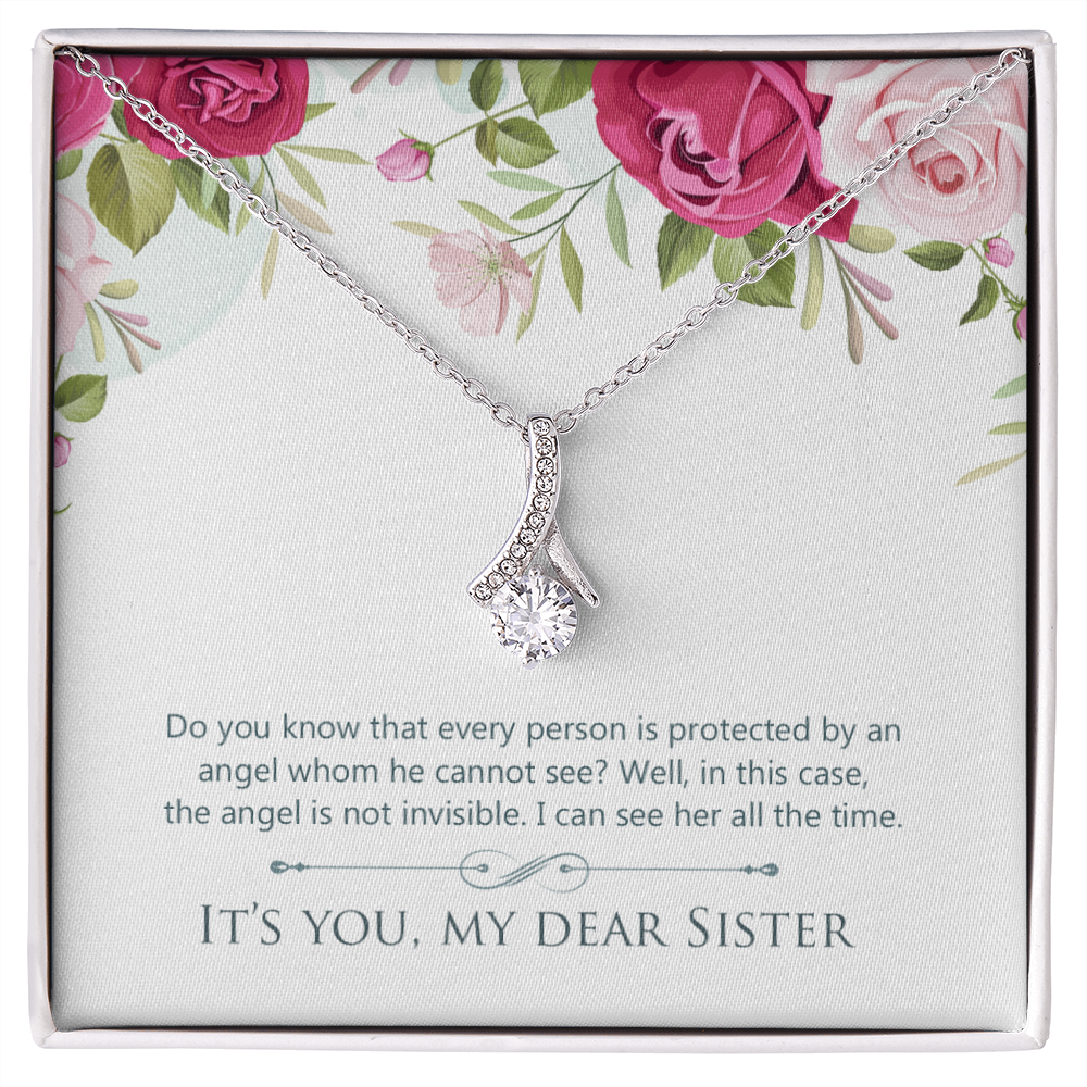To My Sister Protected by an Angel Alluring Ribbon Necklace Message Card-Express Your Love Gifts