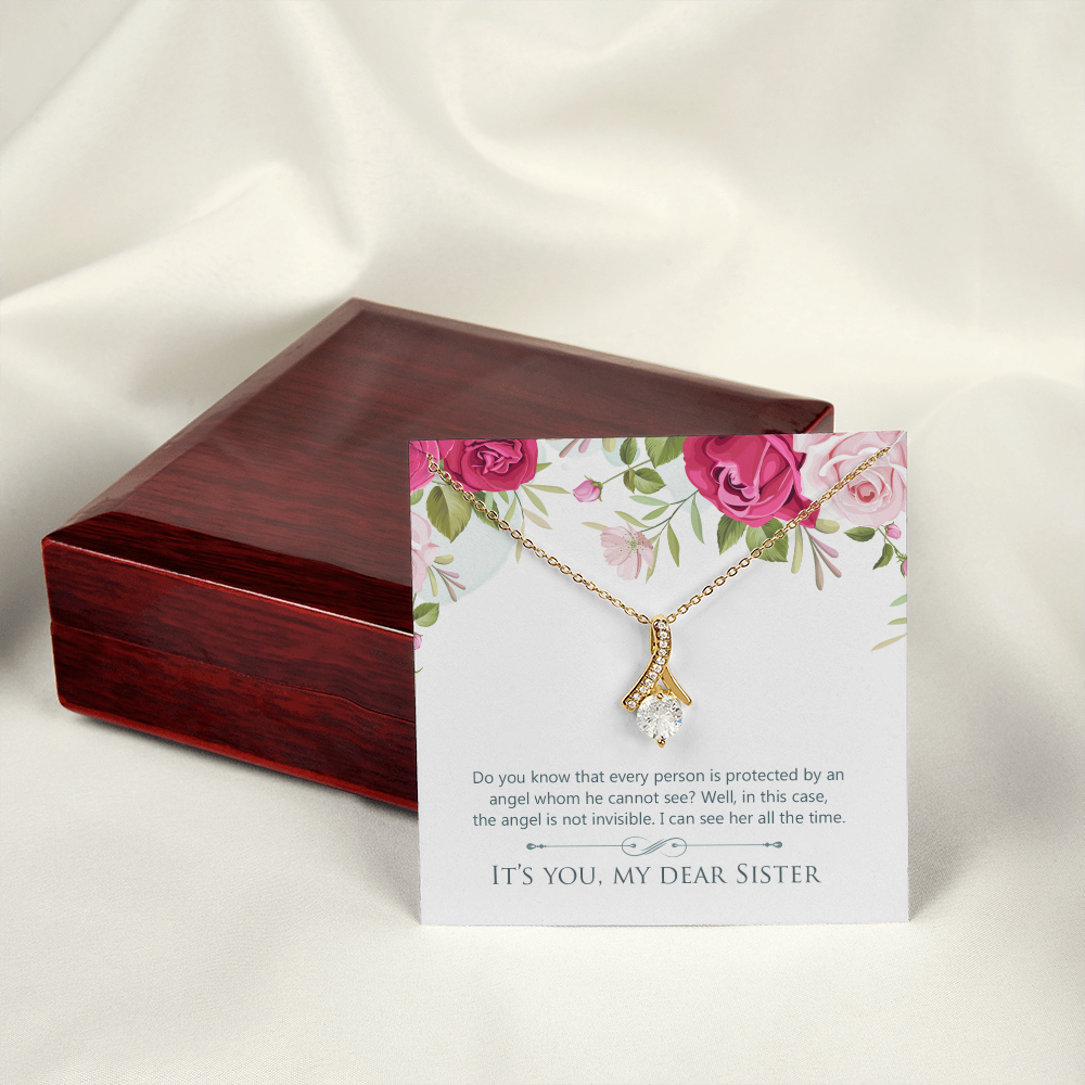 To My Sister Protected by an Angel Alluring Ribbon Necklace Message Card-Express Your Love Gifts