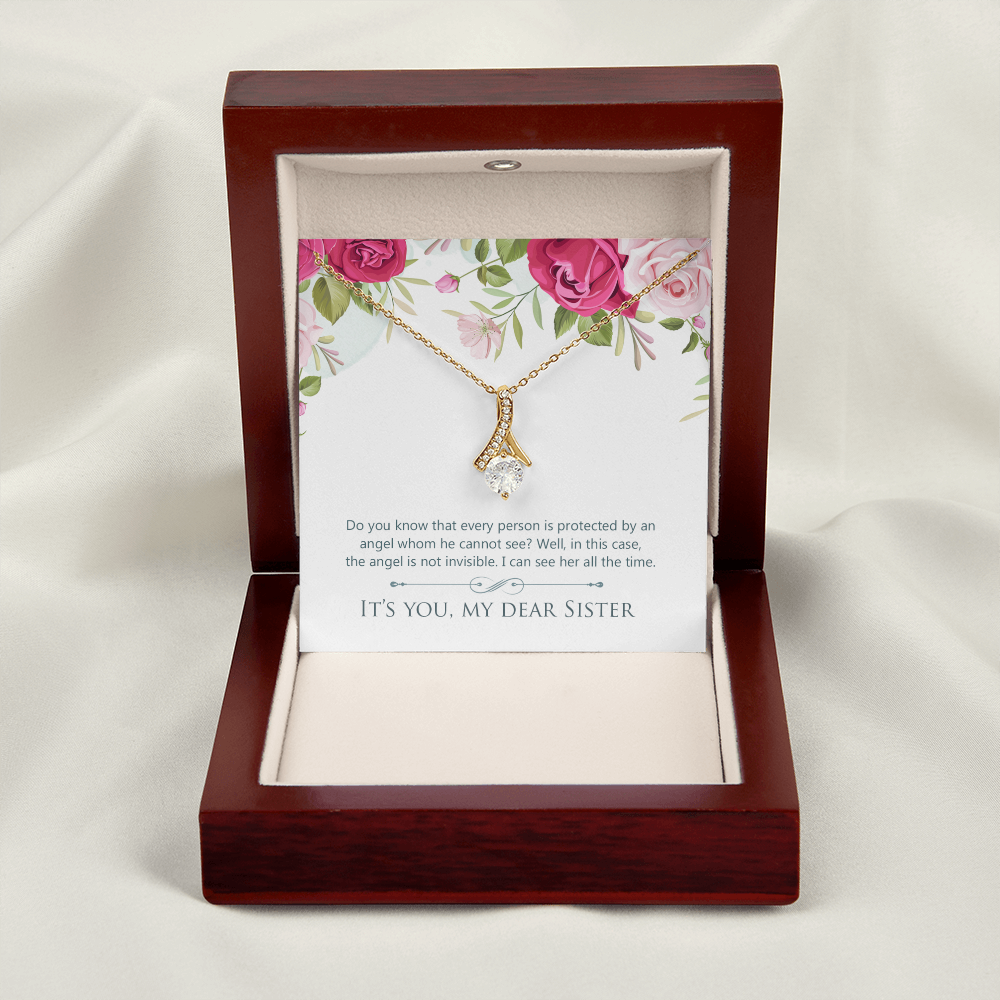 To My Sister Protected by an Angel Alluring Ribbon Necklace Message Card-Express Your Love Gifts