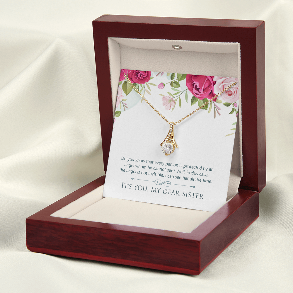To My Sister Protected by an Angel Alluring Ribbon Necklace Message Card-Express Your Love Gifts