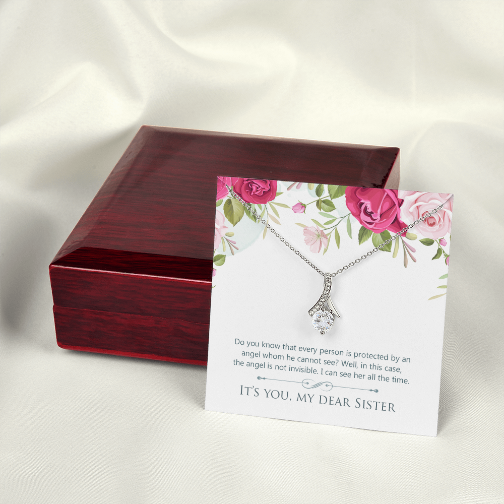 To My Sister Protected by an Angel Alluring Ribbon Necklace Message Card-Express Your Love Gifts
