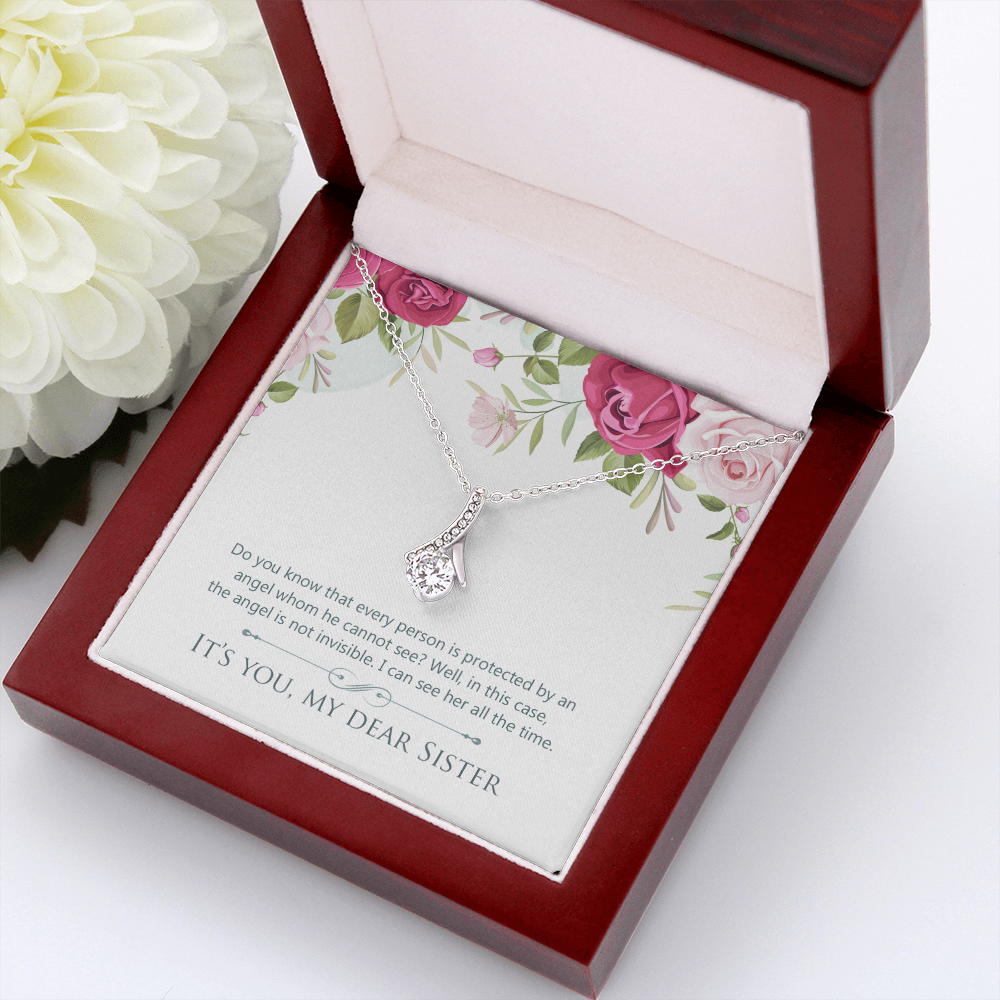 To My Sister Protected by an Angel Alluring Ribbon Necklace Message Card-Express Your Love Gifts