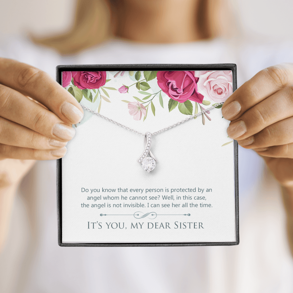 To My Sister Protected by an Angel Alluring Ribbon Necklace Message Card-Express Your Love Gifts