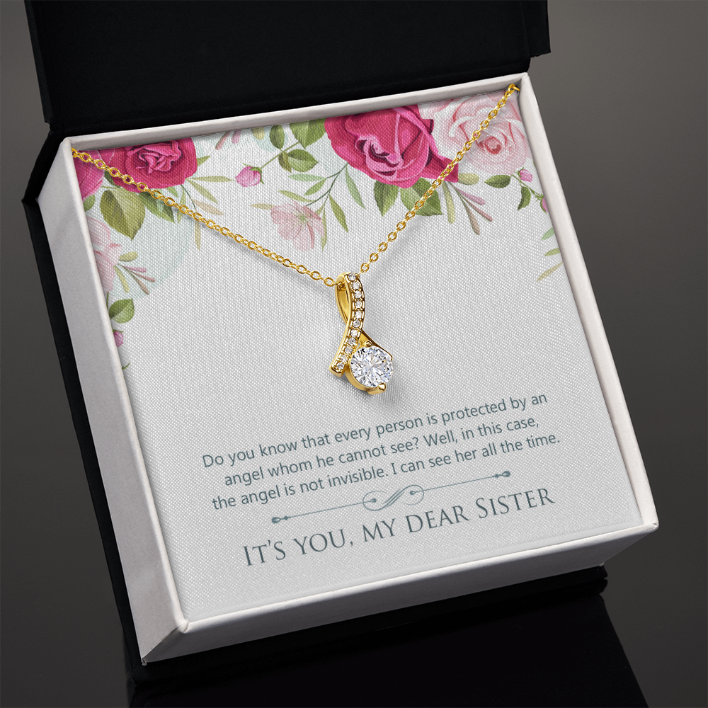 To My Sister Protected by an Angel Alluring Ribbon Necklace Message Card-Express Your Love Gifts