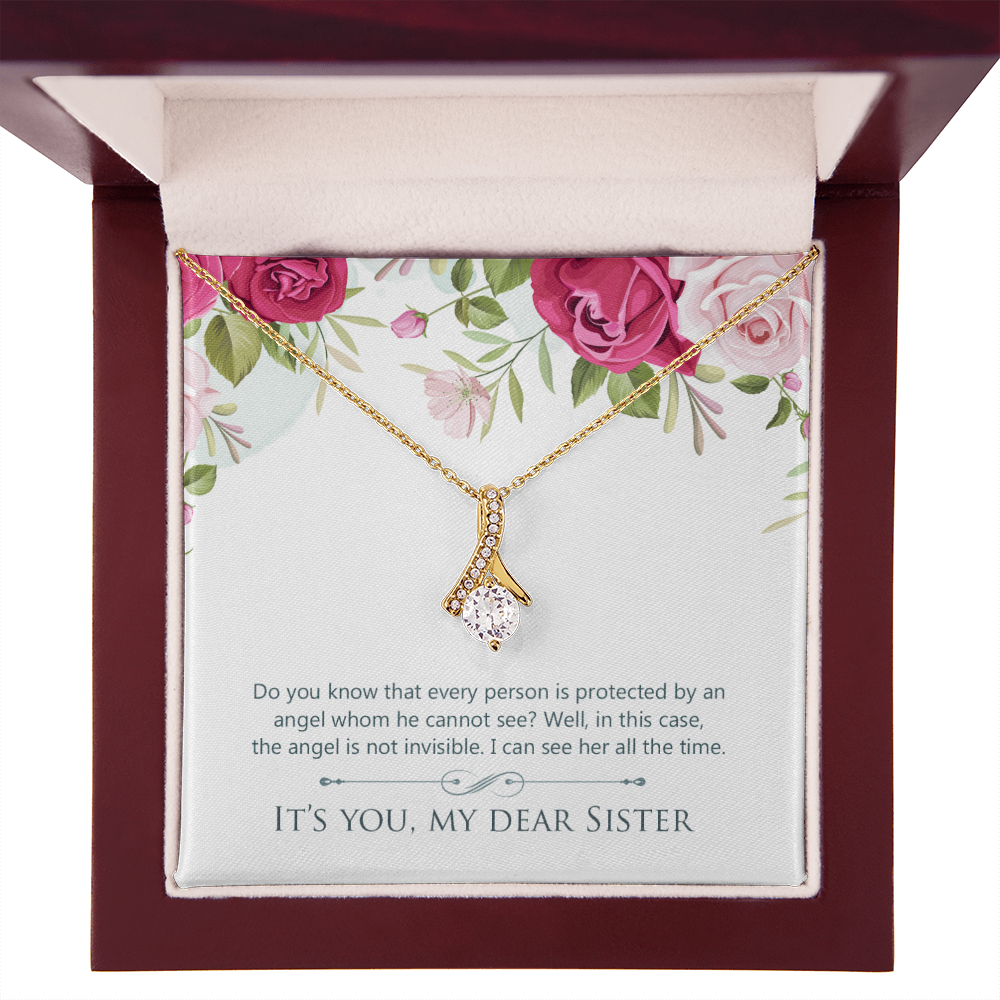 To My Sister Protected by an Angel Alluring Ribbon Necklace Message Card-Express Your Love Gifts
