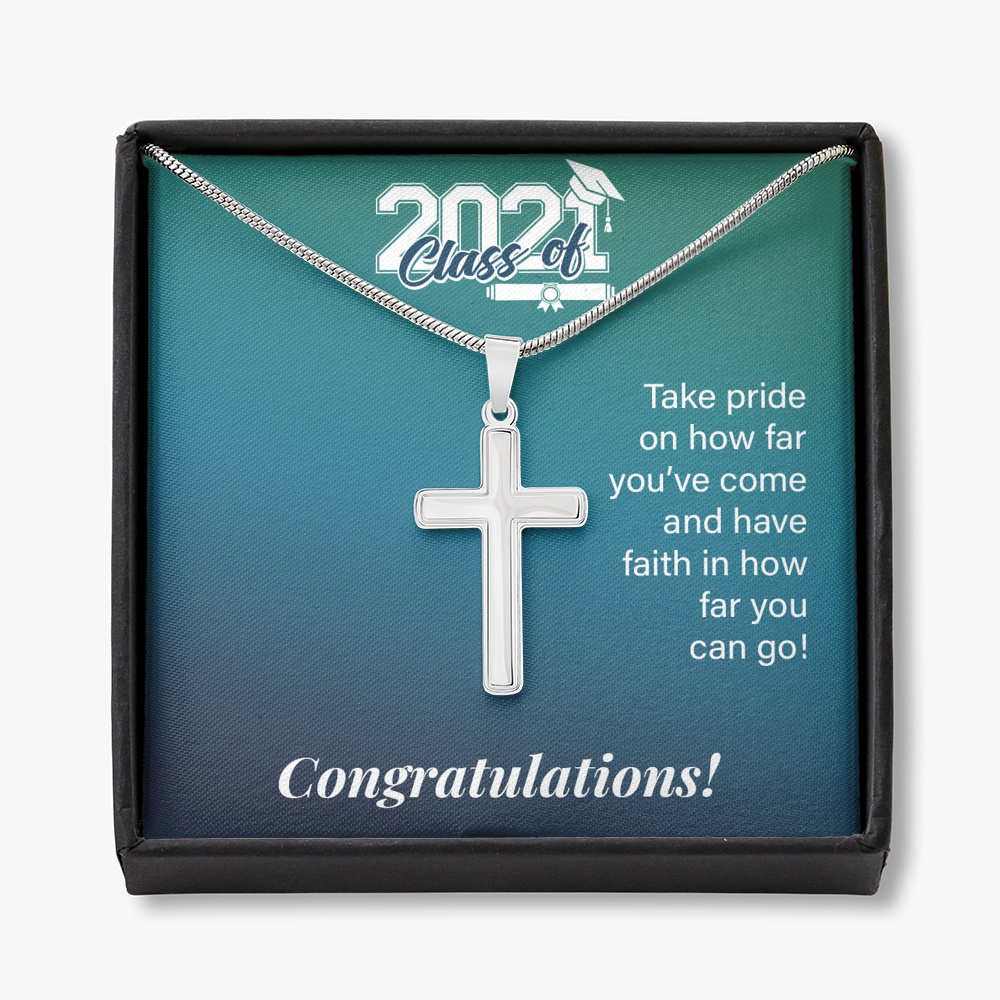To My Son Class Of 2021 Graduation Message Card Cross Necklace w Stainless Steel Pendant-Express Your Love Gifts