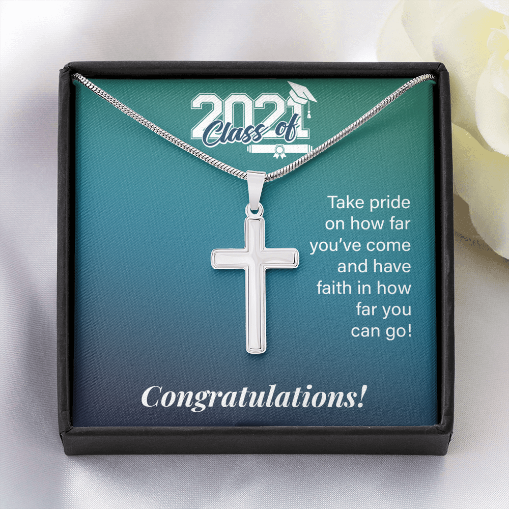 To My Son Class Of 2021 Graduation Message Card Cross Necklace w Stainless Steel Pendant-Express Your Love Gifts