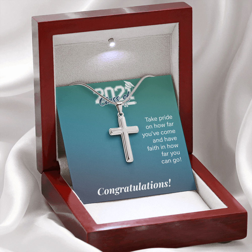 To My Son Class Of 2021 Graduation Message Card Cross Necklace w Stainless Steel Pendant-Express Your Love Gifts