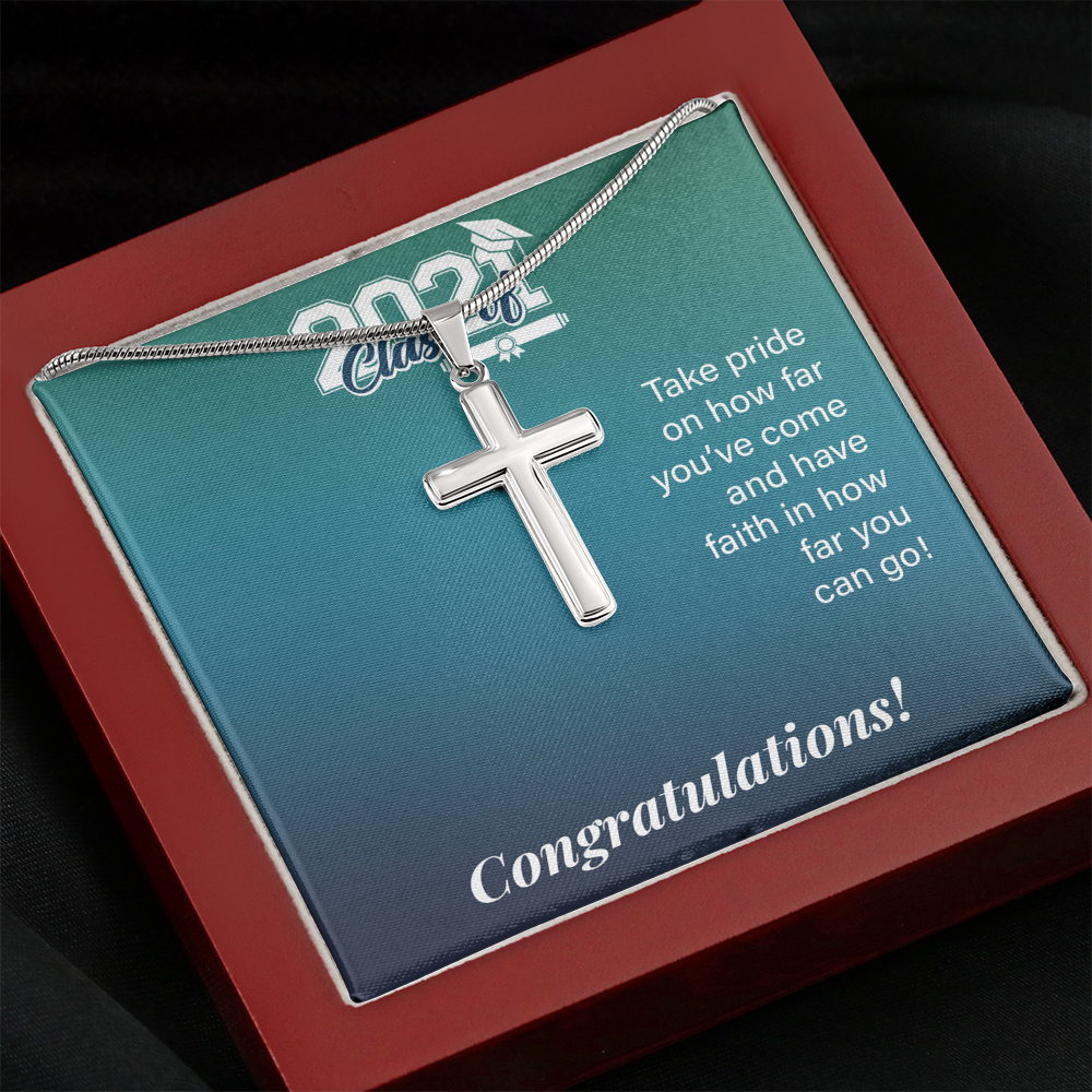 To My Son Class Of 2021 Graduation Message Card Cross Necklace w Stainless Steel Pendant-Express Your Love Gifts