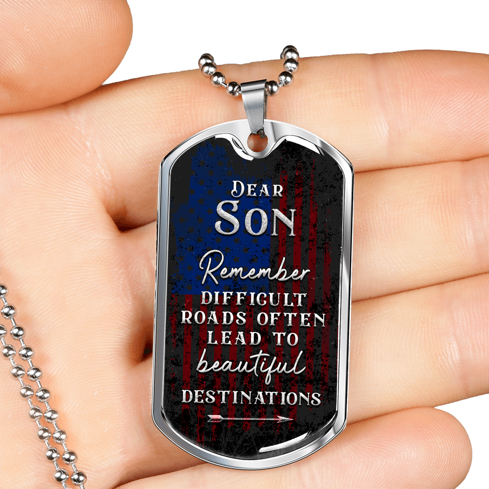 To My Son Difficult Road Necklace Stainless Steel or 18k Gold Dog Tag 24" Chain-Express Your Love Gifts