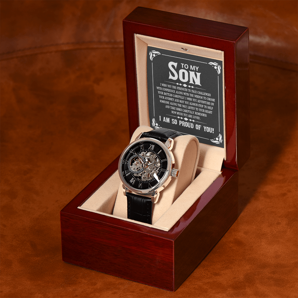To My Son I Wish You The Strength Men's Openwork Watch With Mahogany Box-Express Your Love Gifts