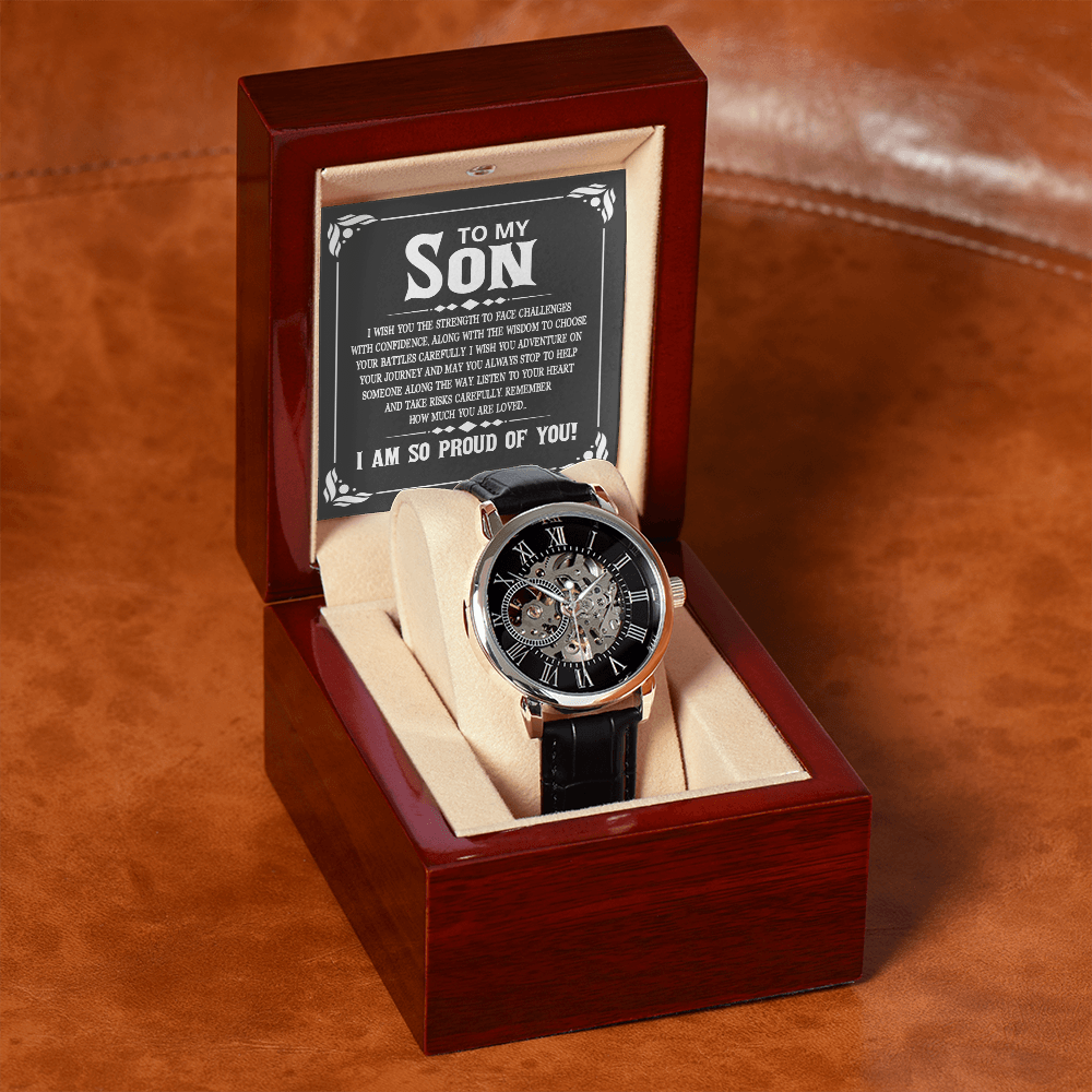 To My Son I Wish You The Strength Men's Openwork Watch With Mahogany Box-Express Your Love Gifts